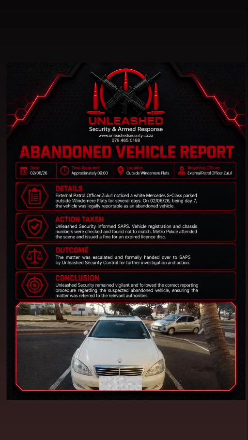 Abandoned vehicle report for Mercedes outside Windemere Flats