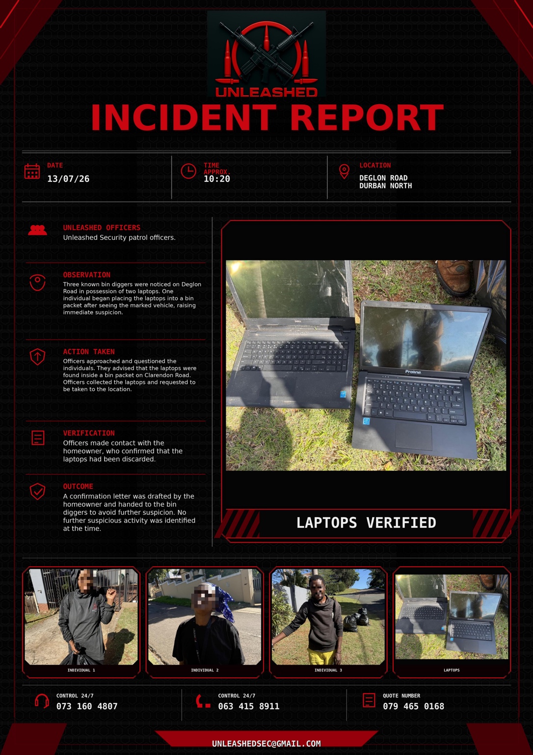 Incident report for Deglon Road laptop verification