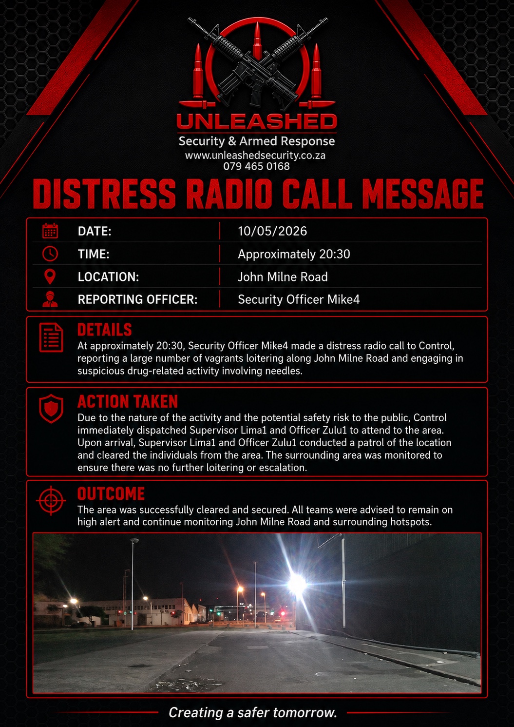 Distress radio call message for John Milne Road