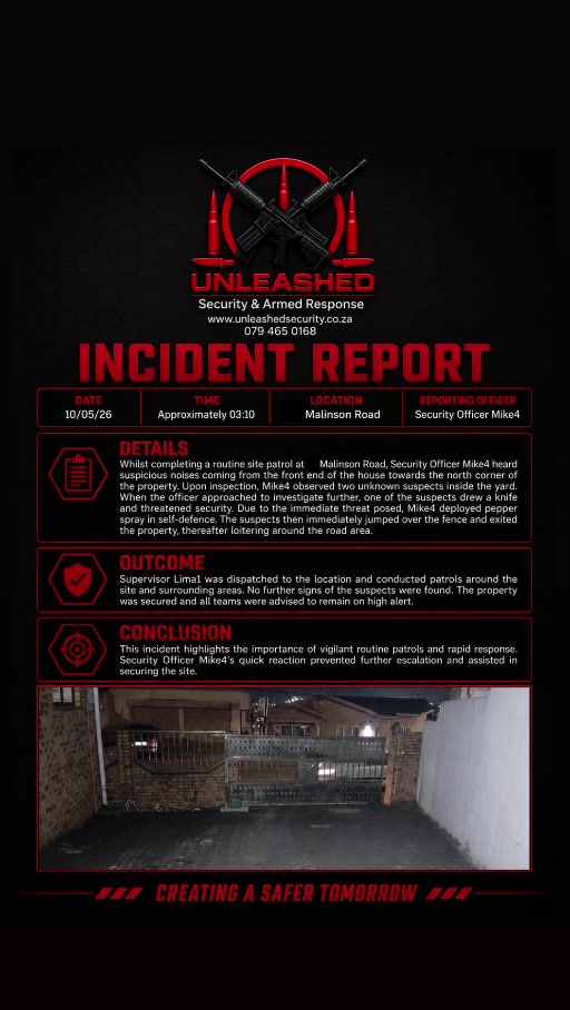 Incident report for Malinson Road threat response