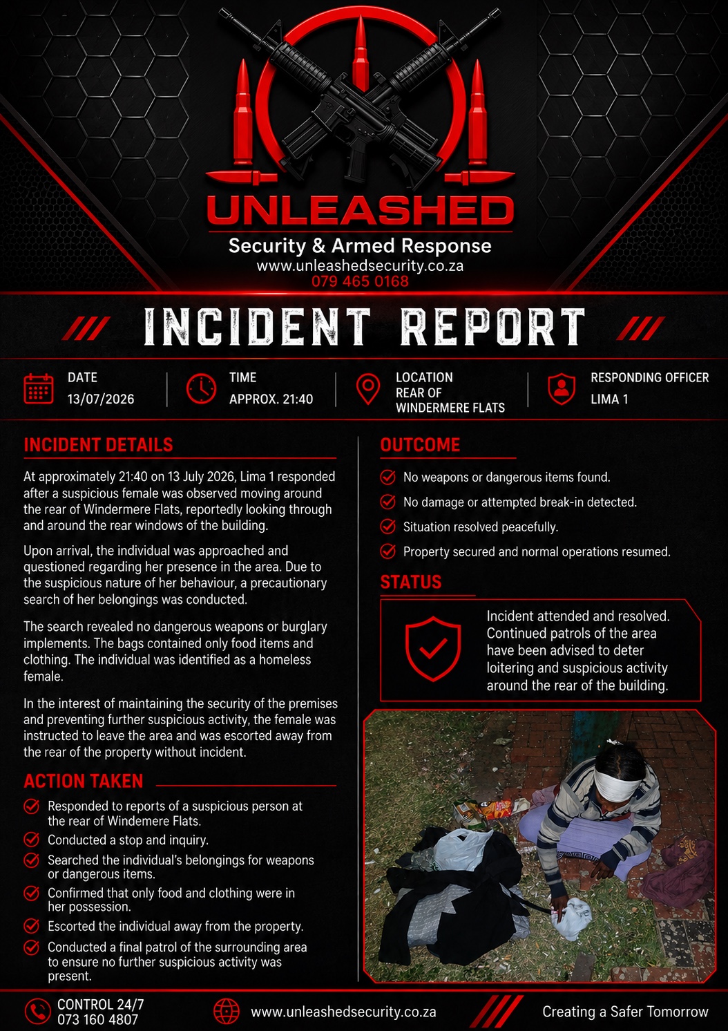 Incident report for suspicious person at rear of Windemere Flats