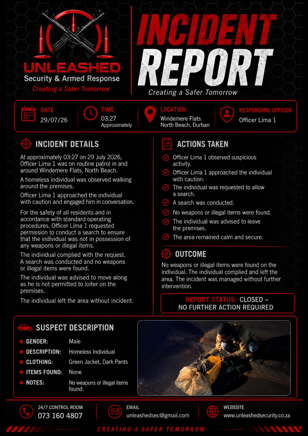 Incident report for homeless individual at Windemere Flats