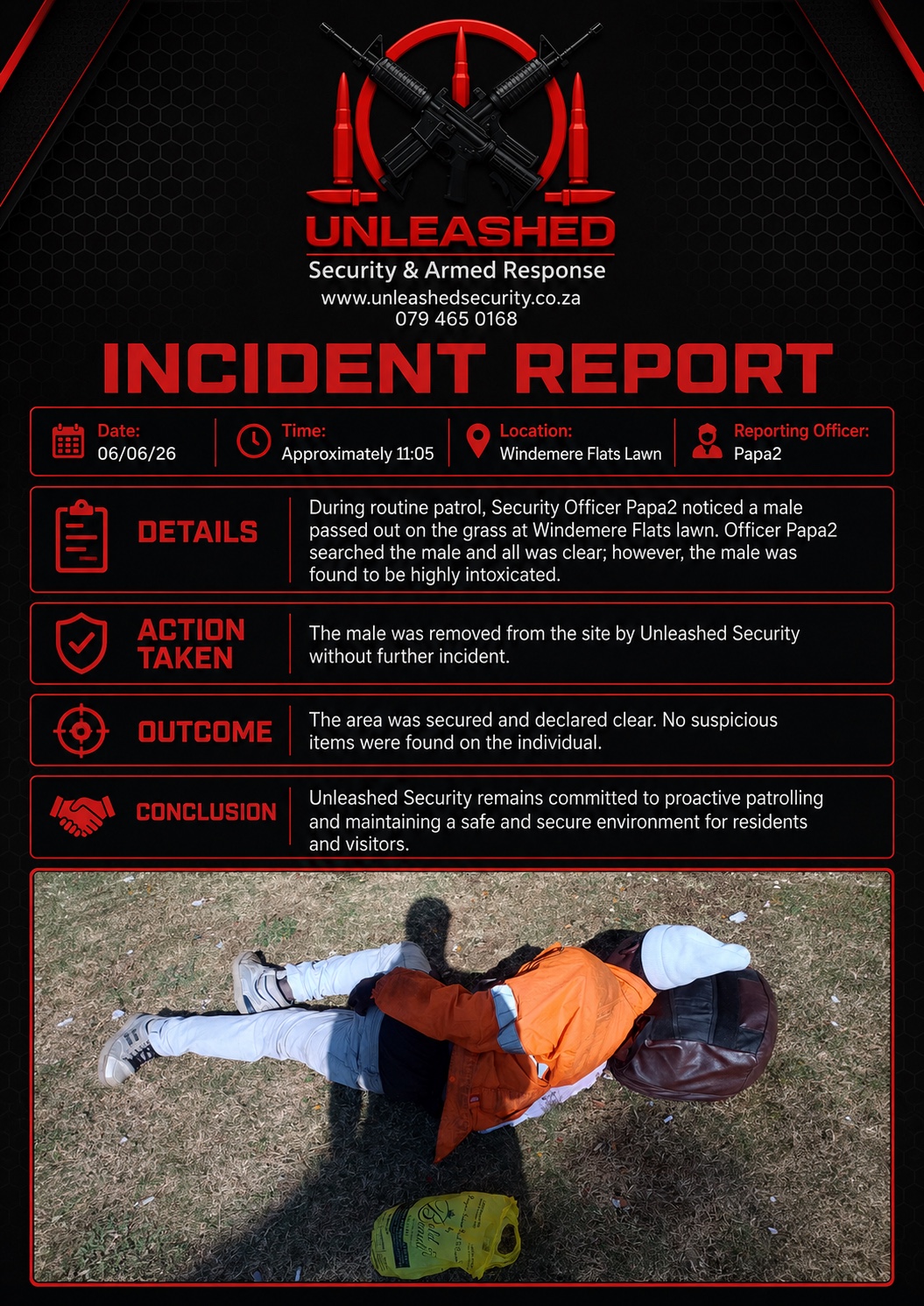 Incident report for intoxicated male on Windemere Flats lawn