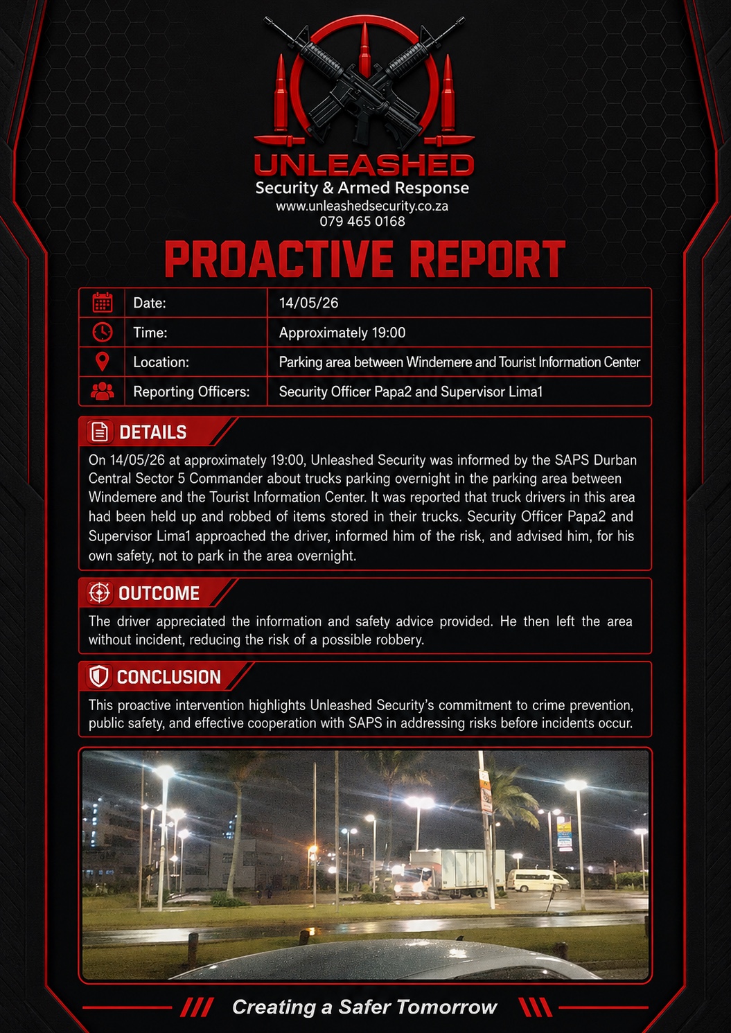Proactive report for truck parking advisory